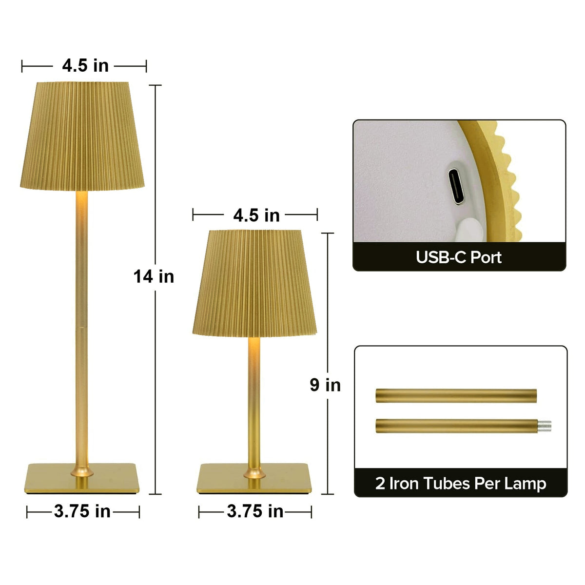 Cordless LED Table Lamp, Gold Metal Heavy Duty Commercial Grade USB Rechargeable 1500mAh Touch Control Lamp, Adjustable Height 9"/14", 3 Color Modes, Dimmable, Ribbed Shade