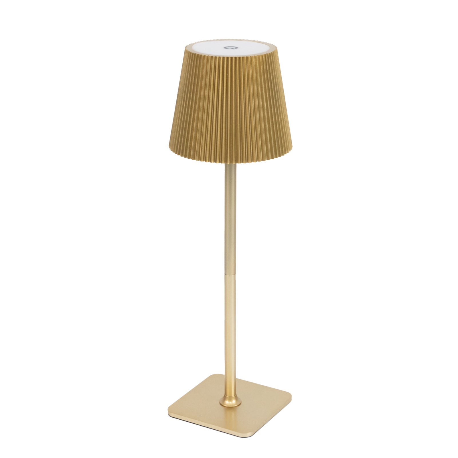 Cordless LED Table Lamp, Gold Metal Heavy Duty Commercial Grade USB Rechargeable 1500mAh Touch Control Lamp, Adjustable Height 9"/14", 3 Color Modes, Dimmable, Ribbed Shade