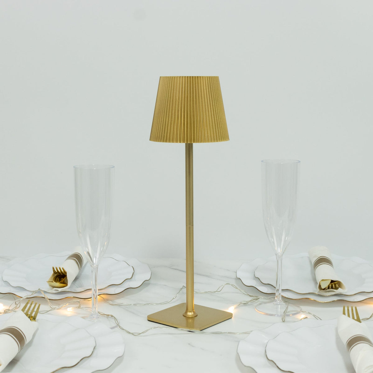 Cordless LED Table Lamp, Gold Metal Heavy Duty Commercial Grade USB Rechargeable 1500mAh Touch Control Lamp, Adjustable Height 9"/14", 3 Color Modes, Dimmable, Ribbed Shade