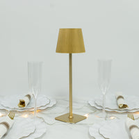 Cordless LED Table Lamp, Gold Metal Heavy Duty Commercial Grade USB Rechargeable 1500mAh Touch Control Lamp, Adjustable Height 9"/14", 3 Color Modes, Dimmable, Ribbed Shade