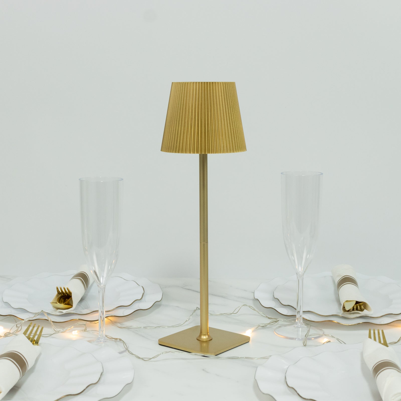 Cordless LED Table Lamp, Gold Metal Heavy Duty Commercial Grade USB Rechargeable 1500mAh Touch Control Lamp, Adjustable Height 9"/14", 3 Color Modes, Dimmable, Ribbed Shade