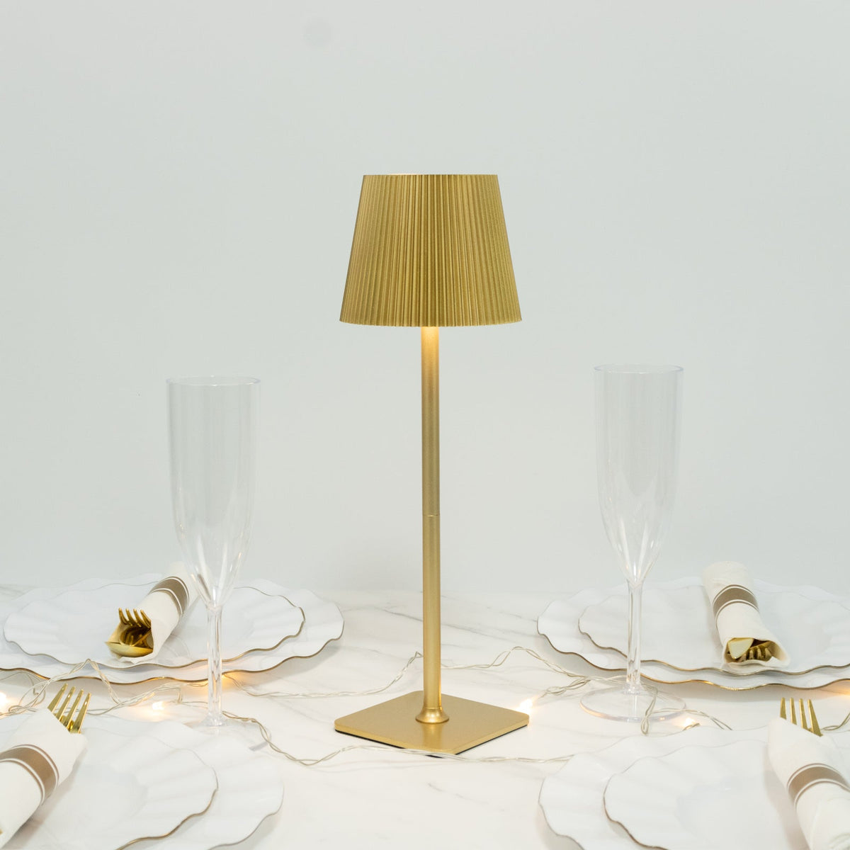 Cordless LED Table Lamp, Gold Metal Heavy Duty Commercial Grade USB Rechargeable 1500mAh Touch Control Lamp, Adjustable Height 9"/14", 3 Color Modes, Dimmable, Ribbed Shade