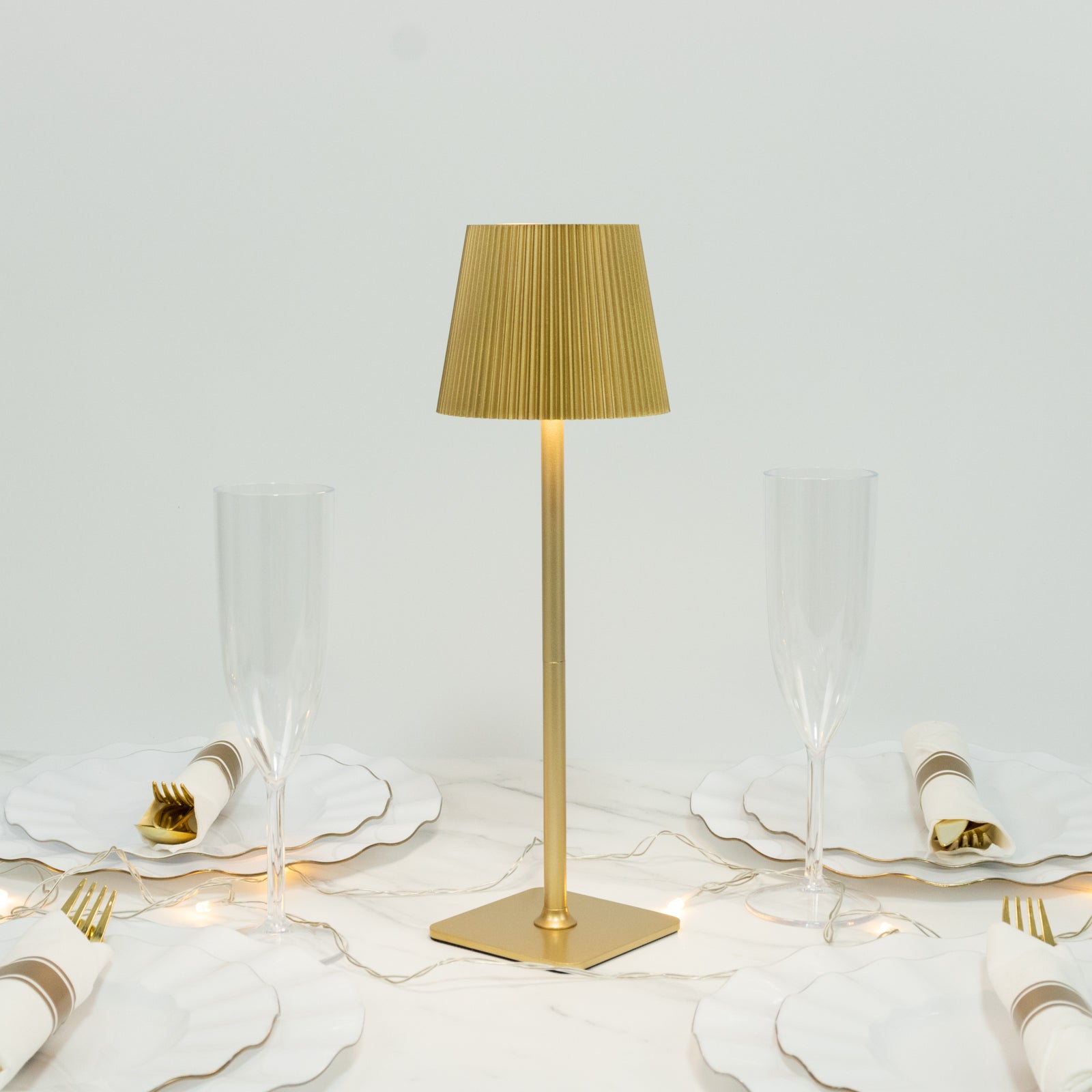 Cordless LED Table Lamp, Gold Metal Heavy Duty Commercial Grade USB Rechargeable 1500mAh Touch Control Lamp, Adjustable Height 9"/14", 3 Color Modes, Dimmable, Ribbed Shade