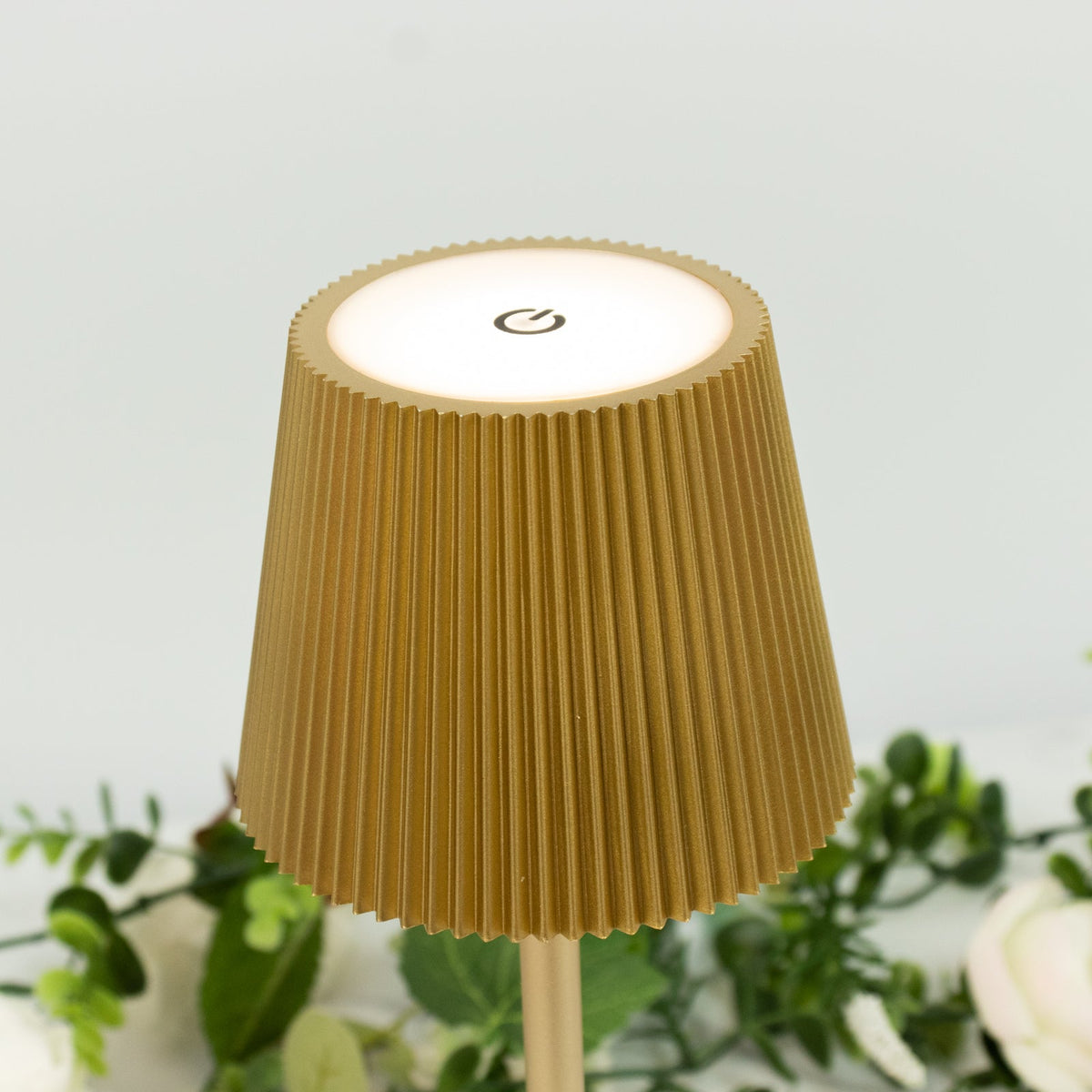 Cordless LED Table Lamp, Gold Metal Heavy Duty Commercial Grade USB Rechargeable 1500mAh Touch Control Lamp, Adjustable Height 9"/14", 3 Color Modes, Dimmable, Ribbed Shade
