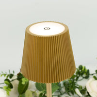 Cordless LED Table Lamp, Gold Metal Heavy Duty Commercial Grade USB Rechargeable 1500mAh Touch Control Lamp, Adjustable Height 9"/14", 3 Color Modes, Dimmable, Ribbed Shade