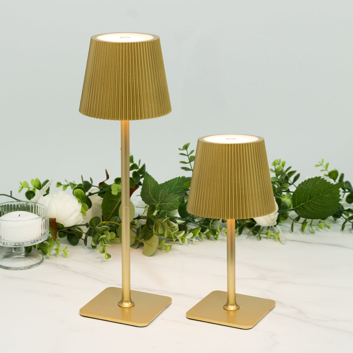 Cordless LED Table Lamp, Gold Metal Heavy Duty Commercial Grade USB Rechargeable 1500mAh Touch Control Lamp, Adjustable Height 9"/14", 3 Color Modes, Dimmable, Ribbed Shade