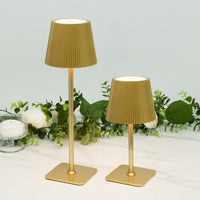Cordless LED Table Lamp, Gold Metal Heavy Duty Commercial Grade USB Rechargeable 1500mAh Touch Control Lamp, Adjustable Height 9"/14", 3 Color Modes, Dimmable, Ribbed Shade