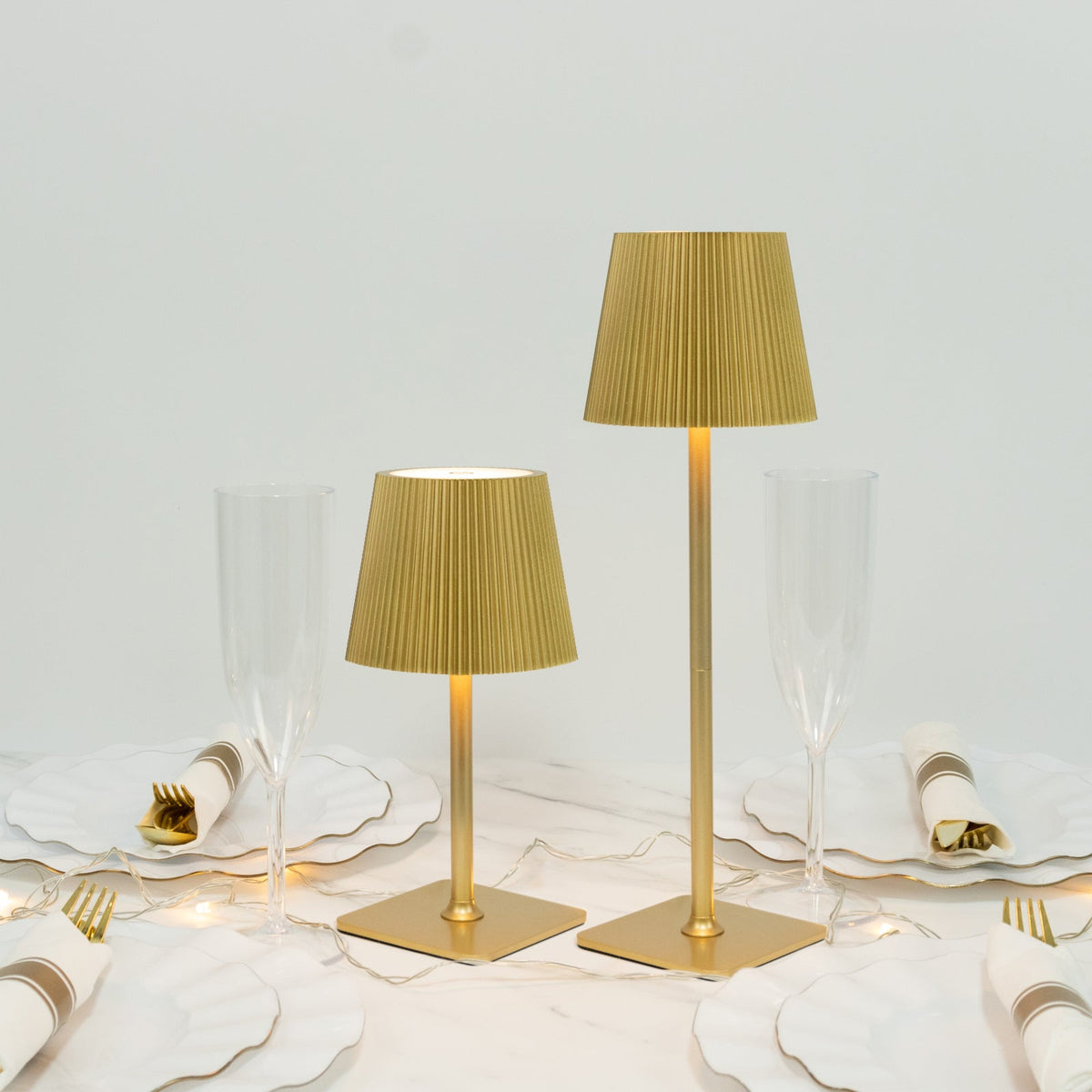 Cordless LED Table Lamp, Gold Metal Heavy Duty Commercial Grade USB Rechargeable 1500mAh Touch Control Lamp, Adjustable Height 9"/14", 3 Color Modes, Dimmable, Ribbed Shade
