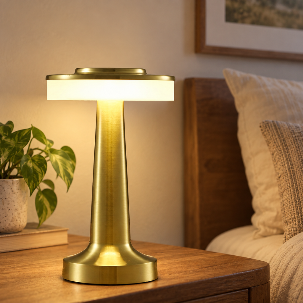 Brushed gold cordless table lamp on a warm bedroom side table