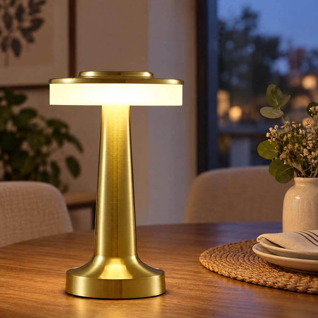 Gold rechargeable touch lamp illuminating a contemporary living space