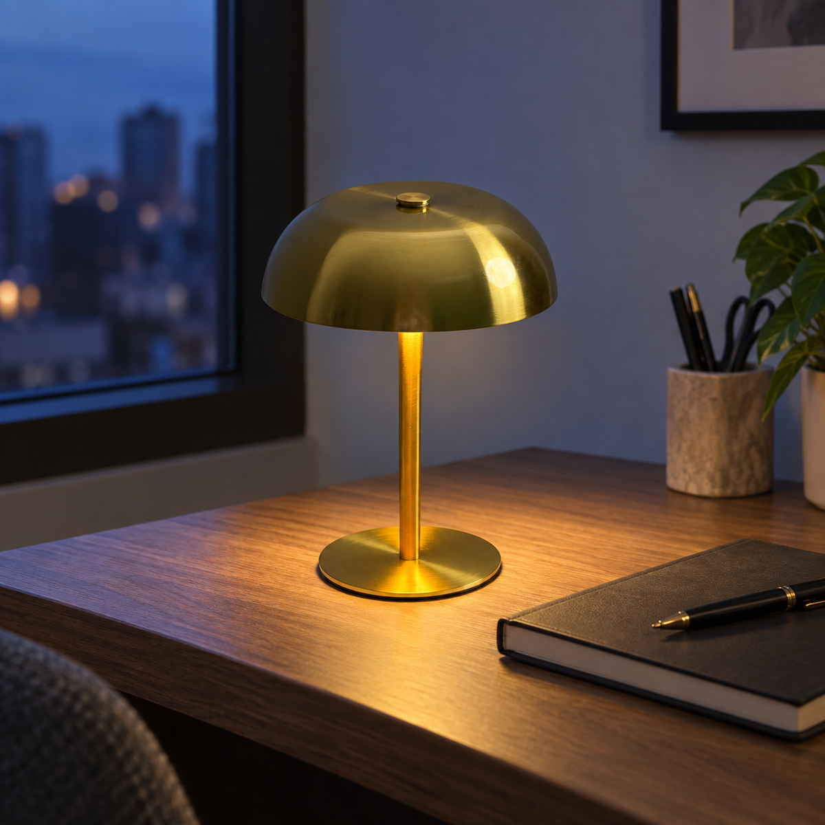 Gold rechargeable mushroom lamp lighting a home office desk at dusk