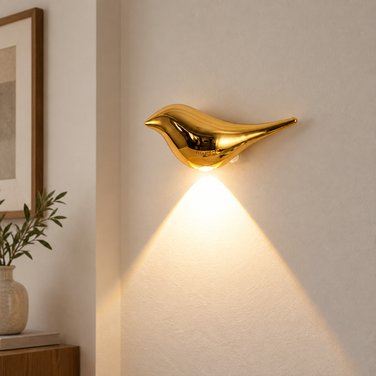 Gold bird-shaped motion sensor wall light casting a warm downward beam