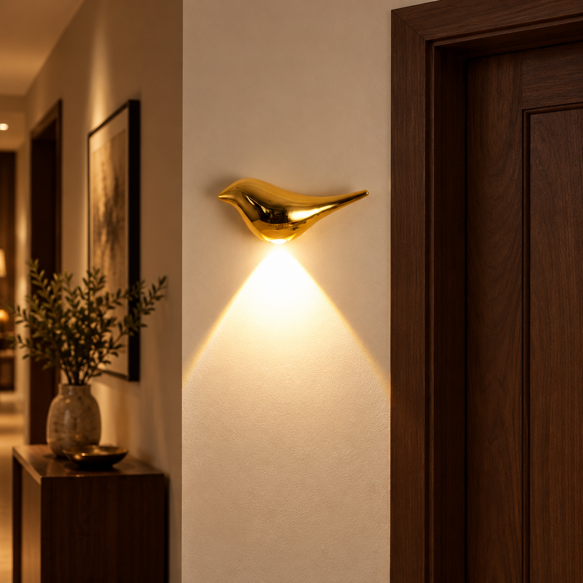 Gold bird cordless wall light mounted beside a walnut doorway