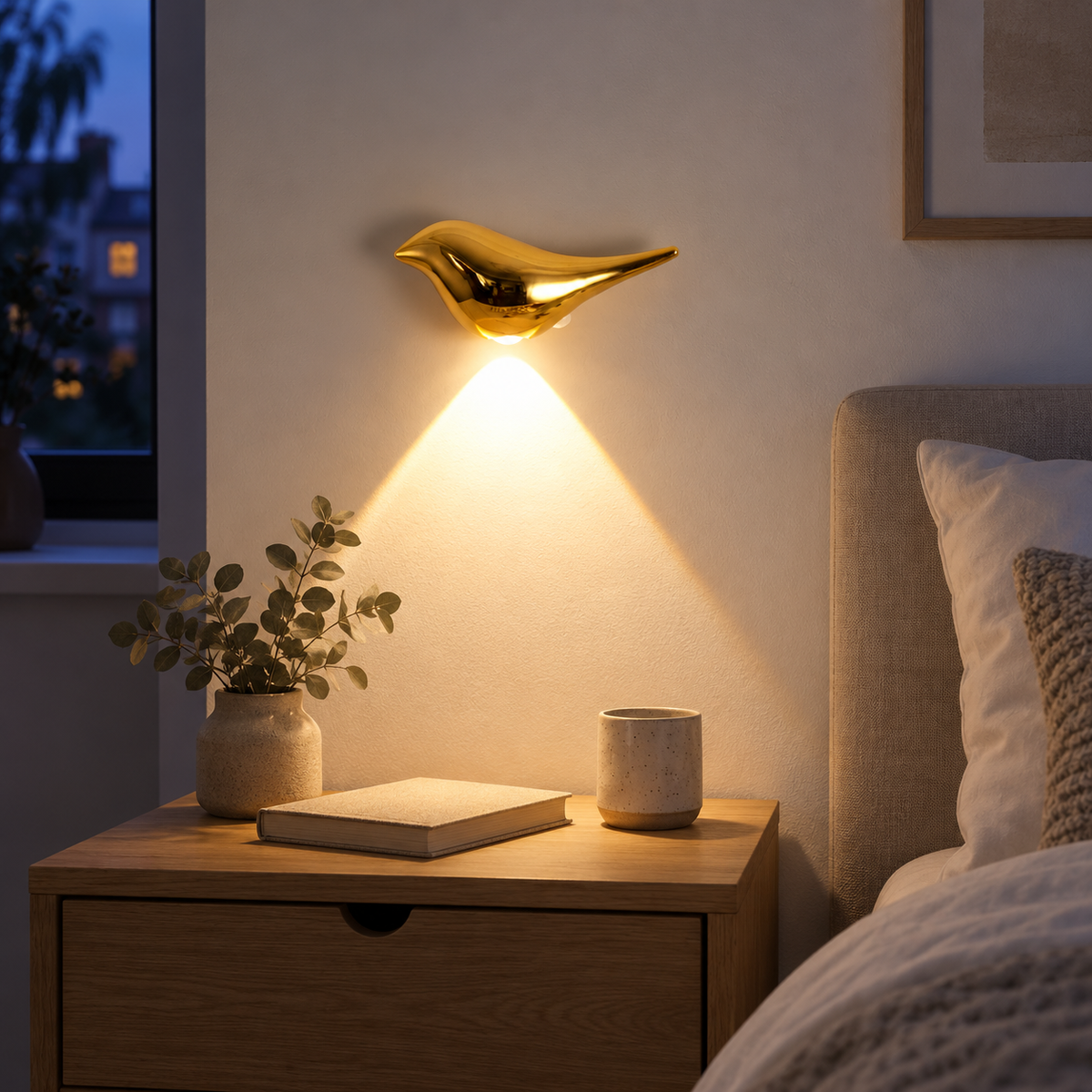 Gold bird-shaped sensor light illuminating a bedroom side table