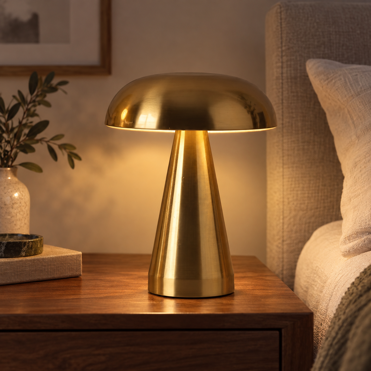 Gold conical cordless mushroom lamp on a walnut bedside table