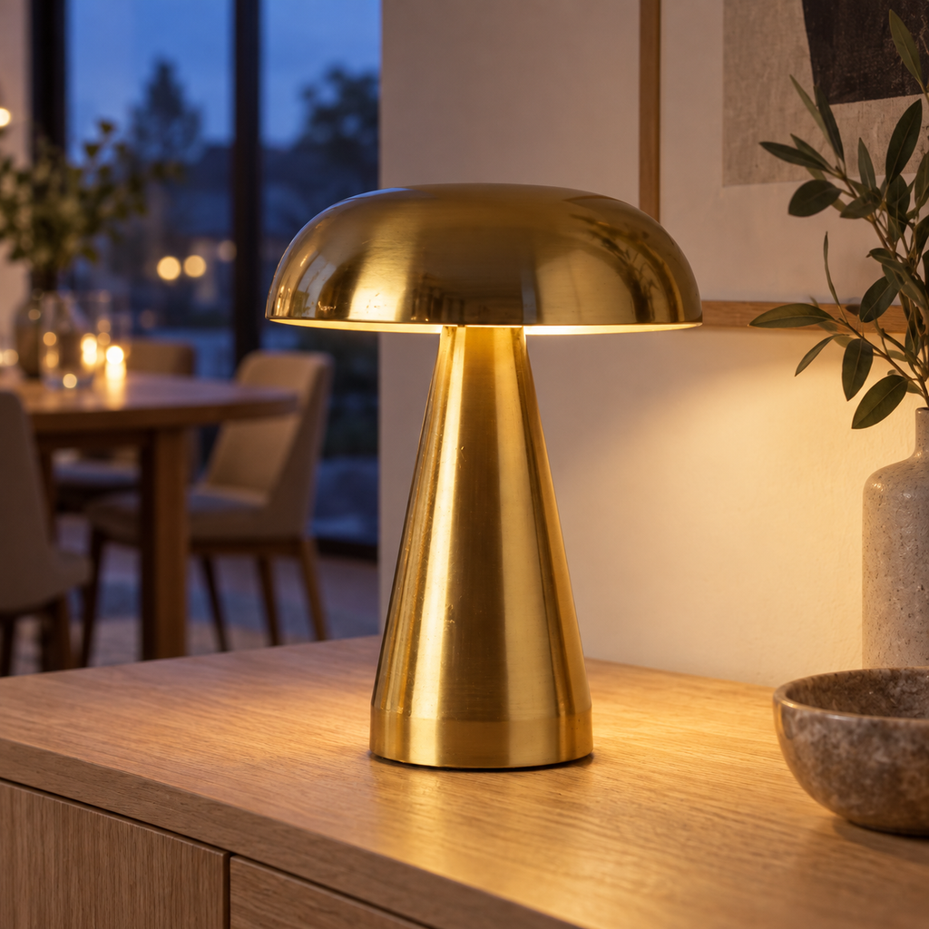 Gold rechargeable mushroom table lamp on a dining room sideboard at dusk