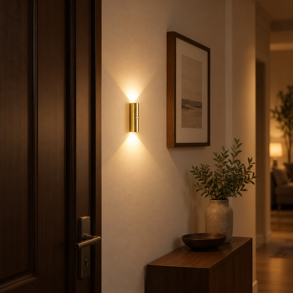 Gold cordless up-and-down wall light mounted beside a dark timber doorway