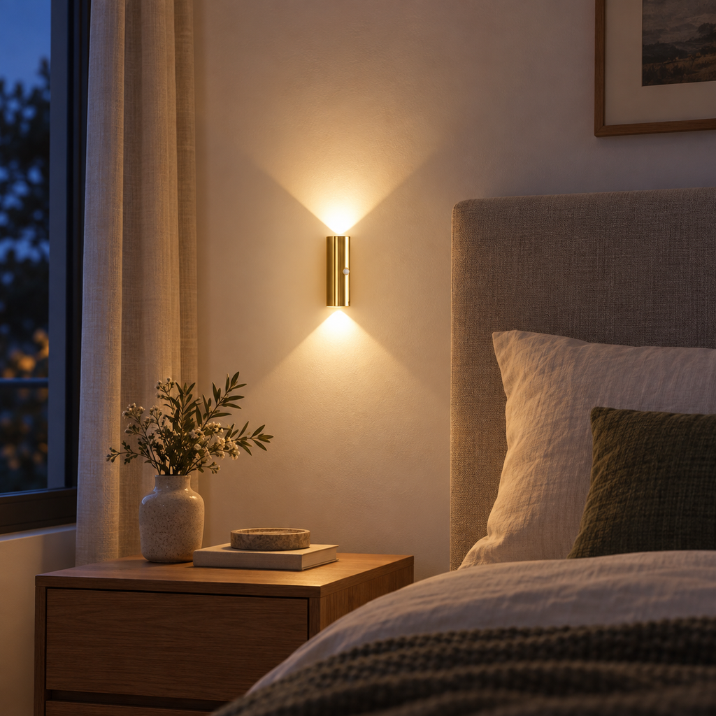 Gold motion sensor wall light illuminating a bedroom wall at blue hour