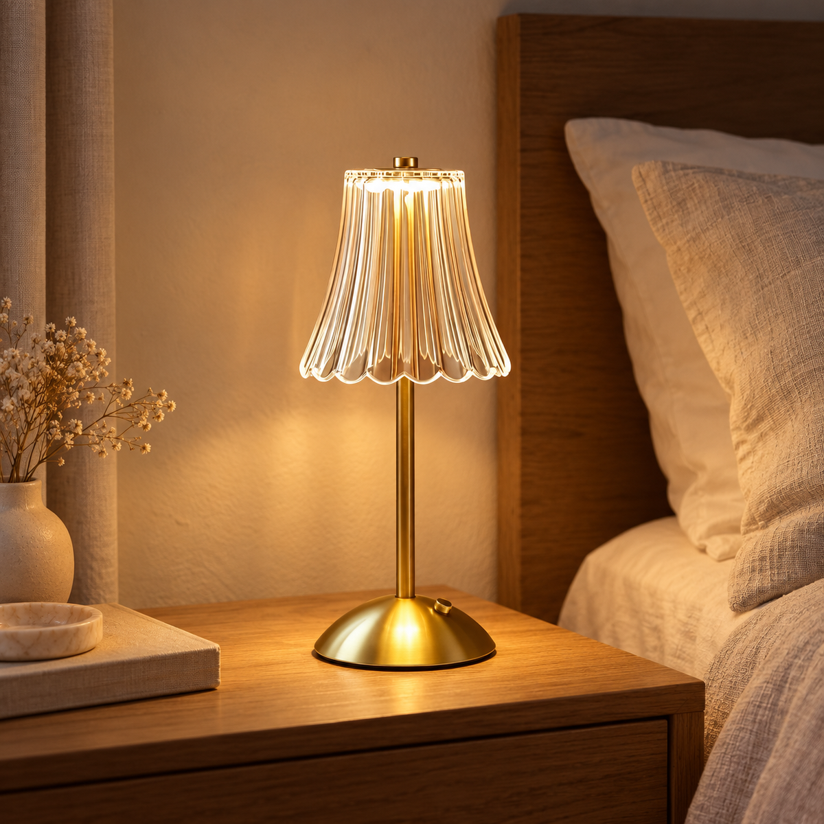 Gold fluted-shade cordless lamp on a warm bedroom side table