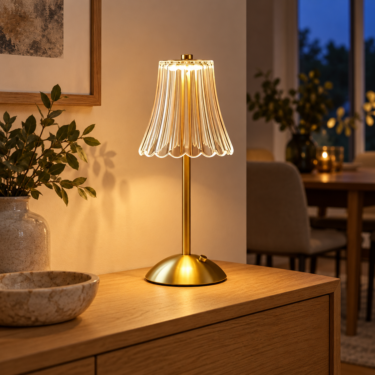 Gold rechargeable fluted table lamp on a living room console at dusk