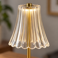 Close-up of the clear moulded fluted shade and gold lamp stem