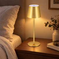 Gold rechargeable touch lamp on a bedroom side table at dusk