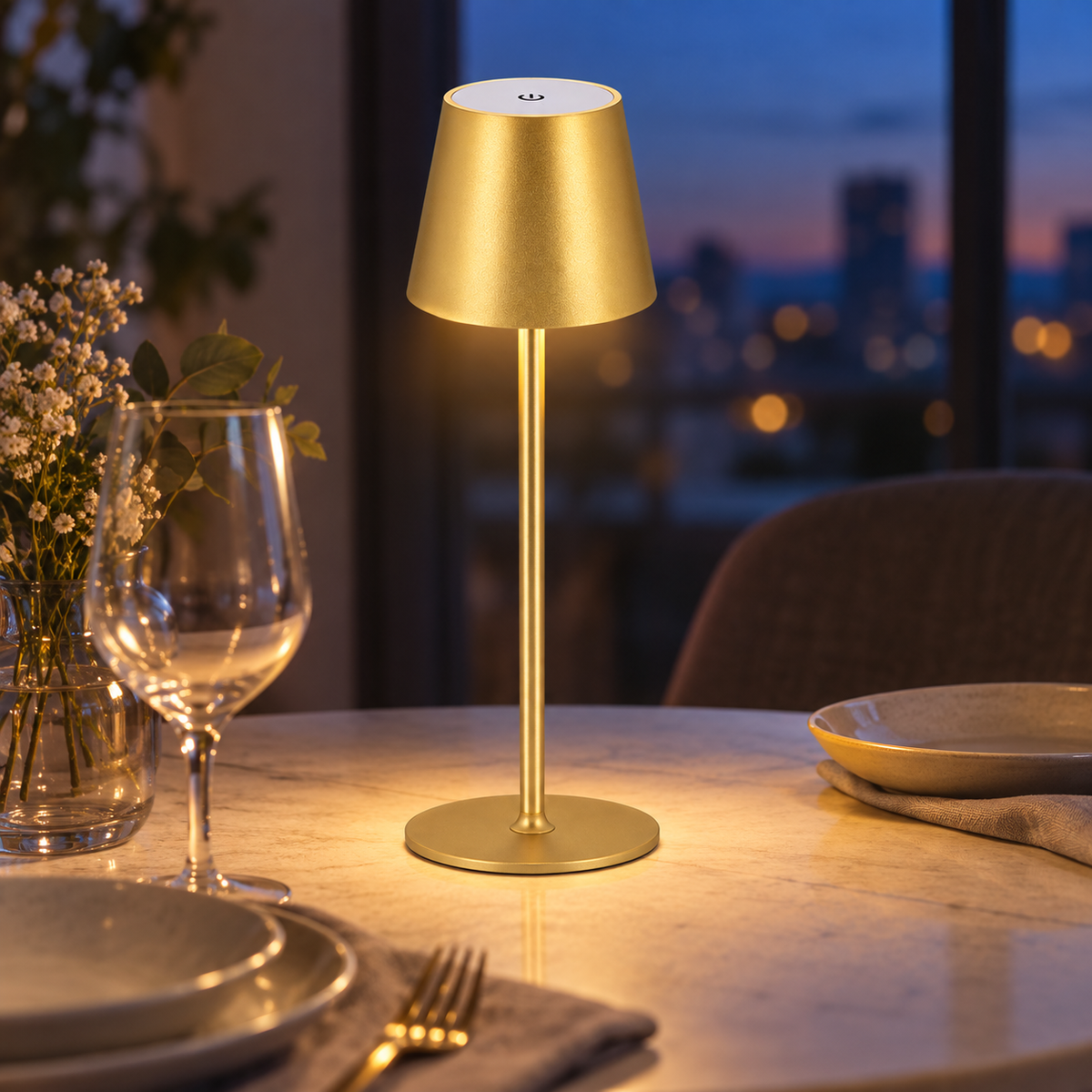 Gold twin-rod touch table lamp illuminating a contemporary home office