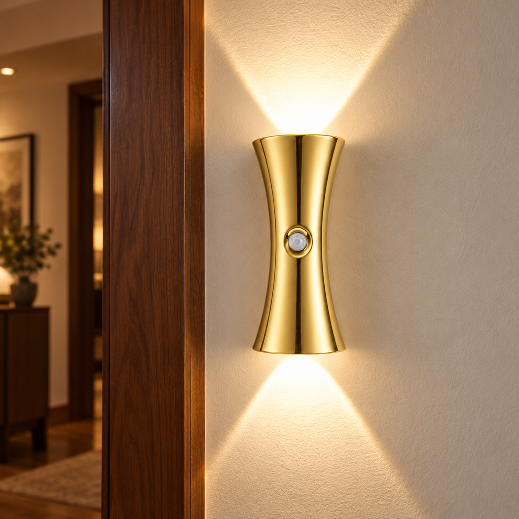 Gold hourglass cordless wall light mounted beside a walnut doorway