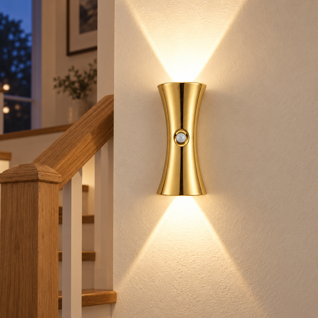 Gold up-and-down motion wall light illuminating a staircase landing