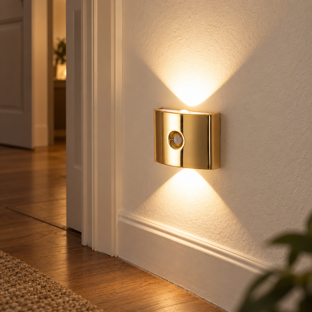 Gold magnetic motion sensor wall light illuminating a warm hallway
