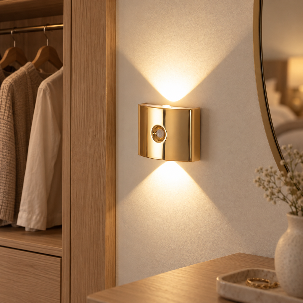 Gold cordless sensor light mounted beside a bedroom doorway at dusk