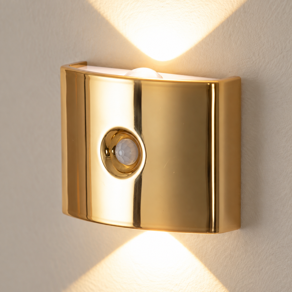Close-up of the gold motion sensor wall light finish, sensor and mount