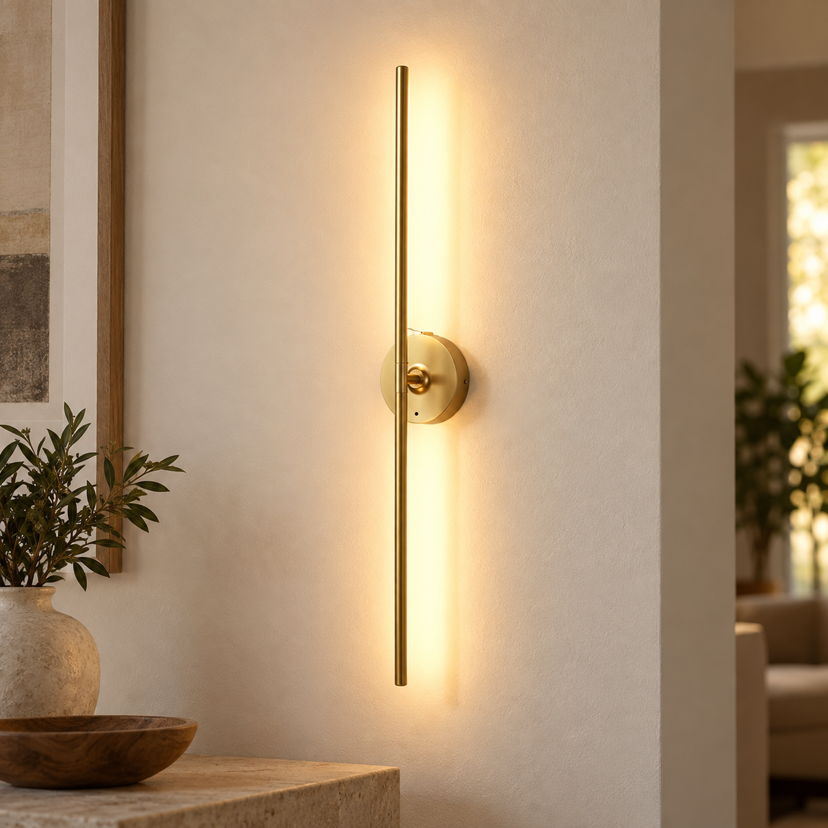 Gold cordless vertical bar wall light mounted and switched on against a light wall