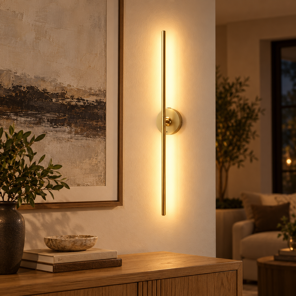 Gold rotating bar wall light illuminating artwork above an oak console