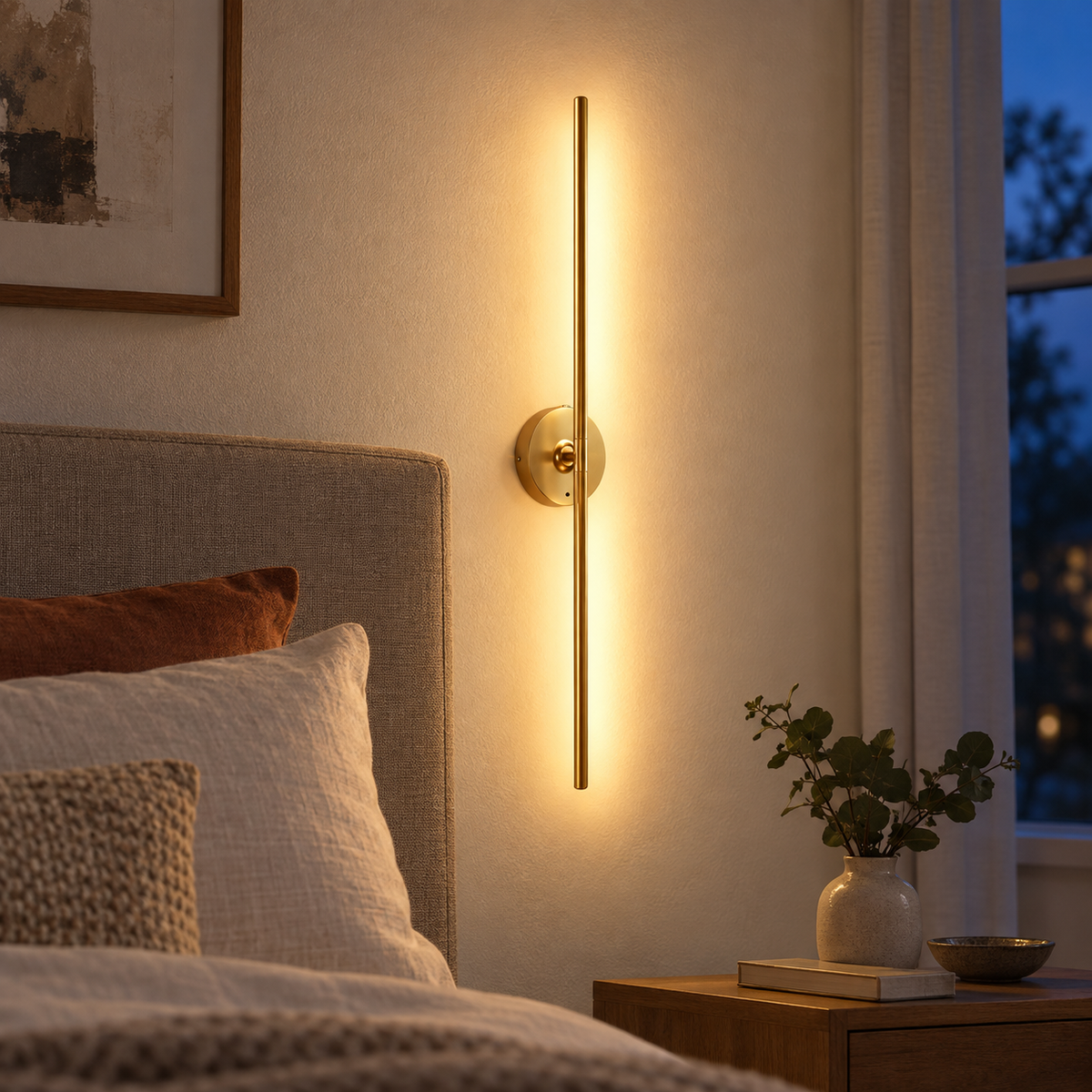 Gold rechargeable vertical wall light mounted beside a bedroom headboard