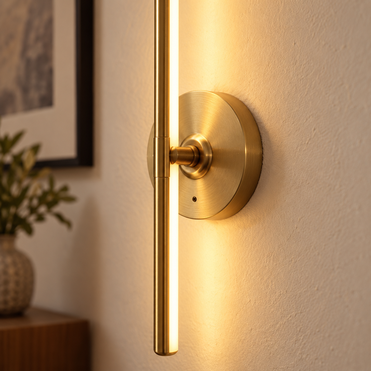 Close-up of the brushed gold wall plate, pivot joint and illuminated bar