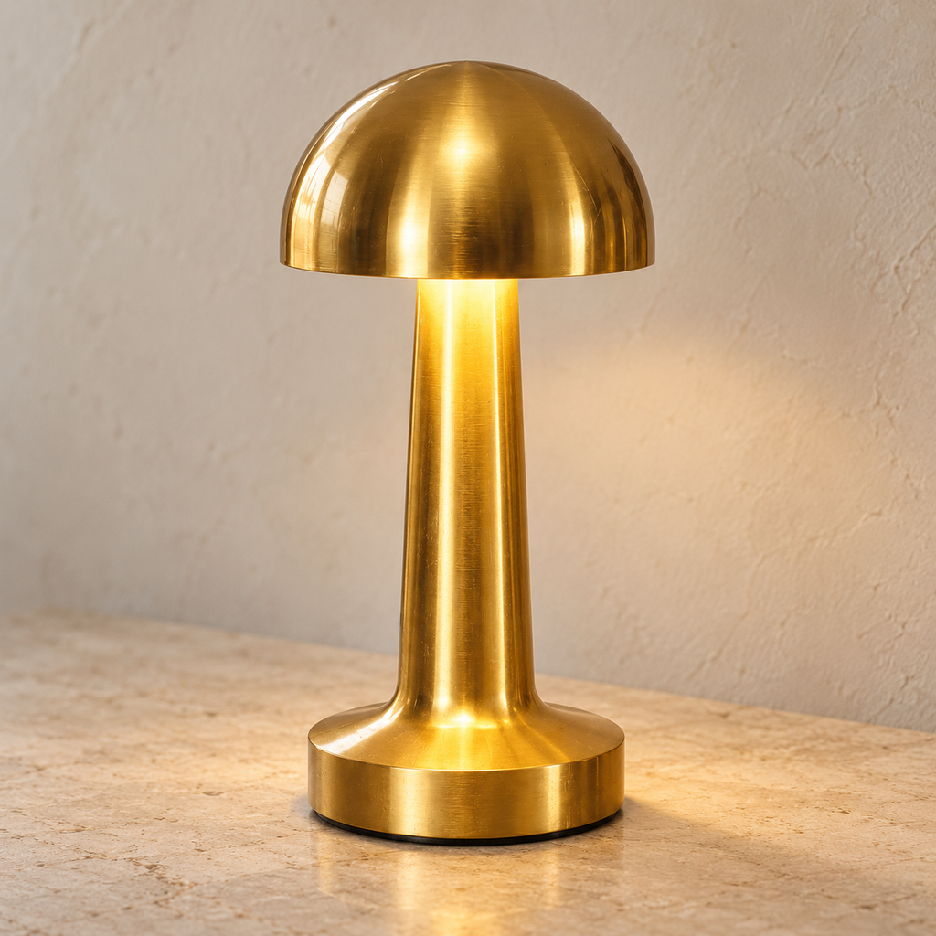 Rounded gold cordless mushroom touch lamp switched on against a light wall