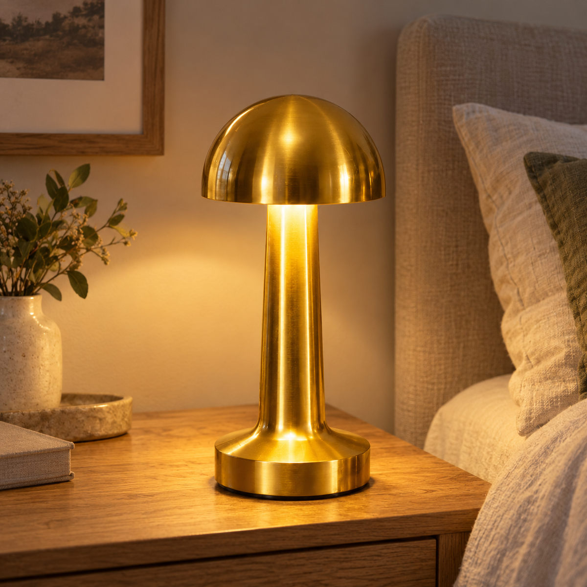 Gold rechargeable mushroom lamp with flared base on a bedroom side table