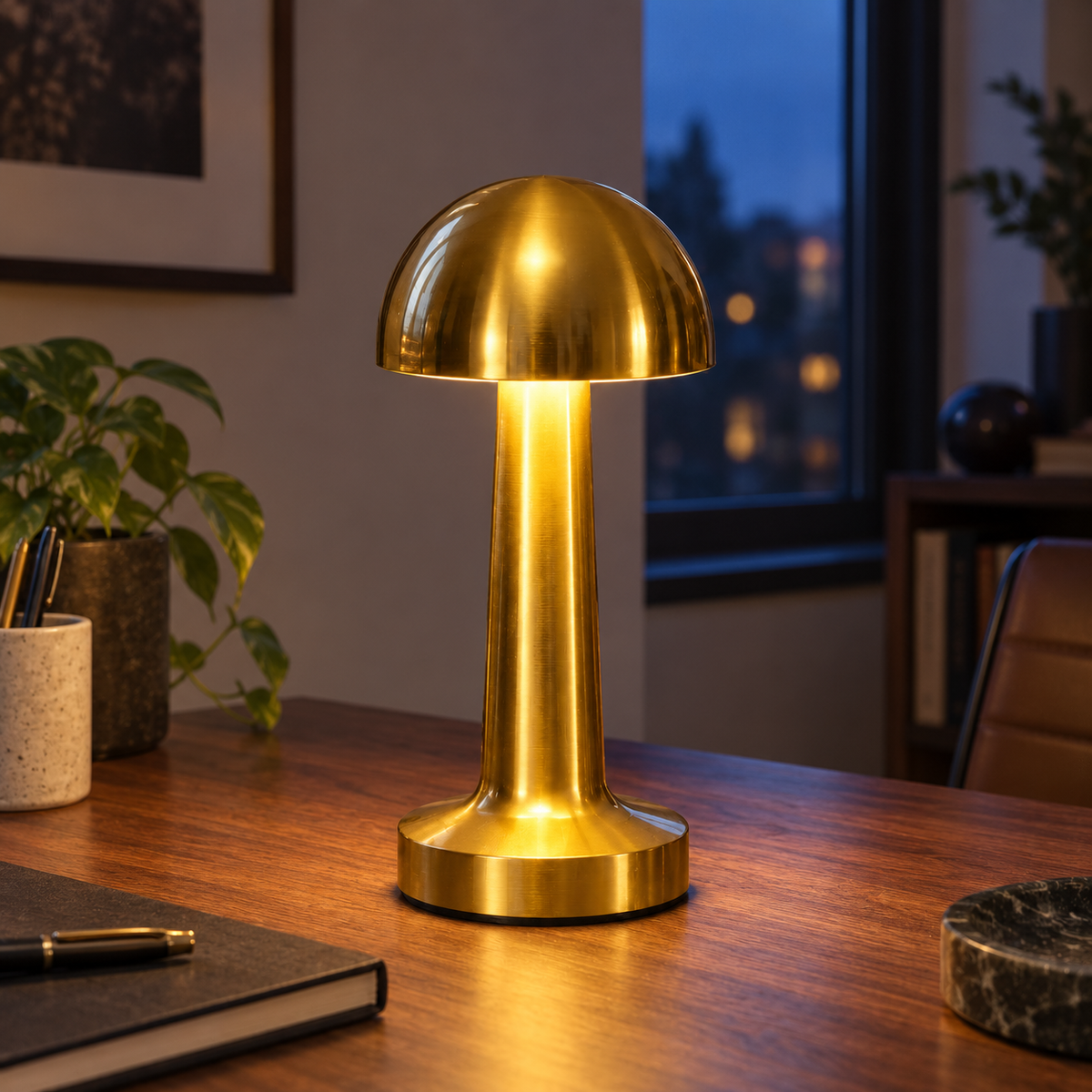 Rounded gold mushroom table lamp illuminating a walnut home office desk