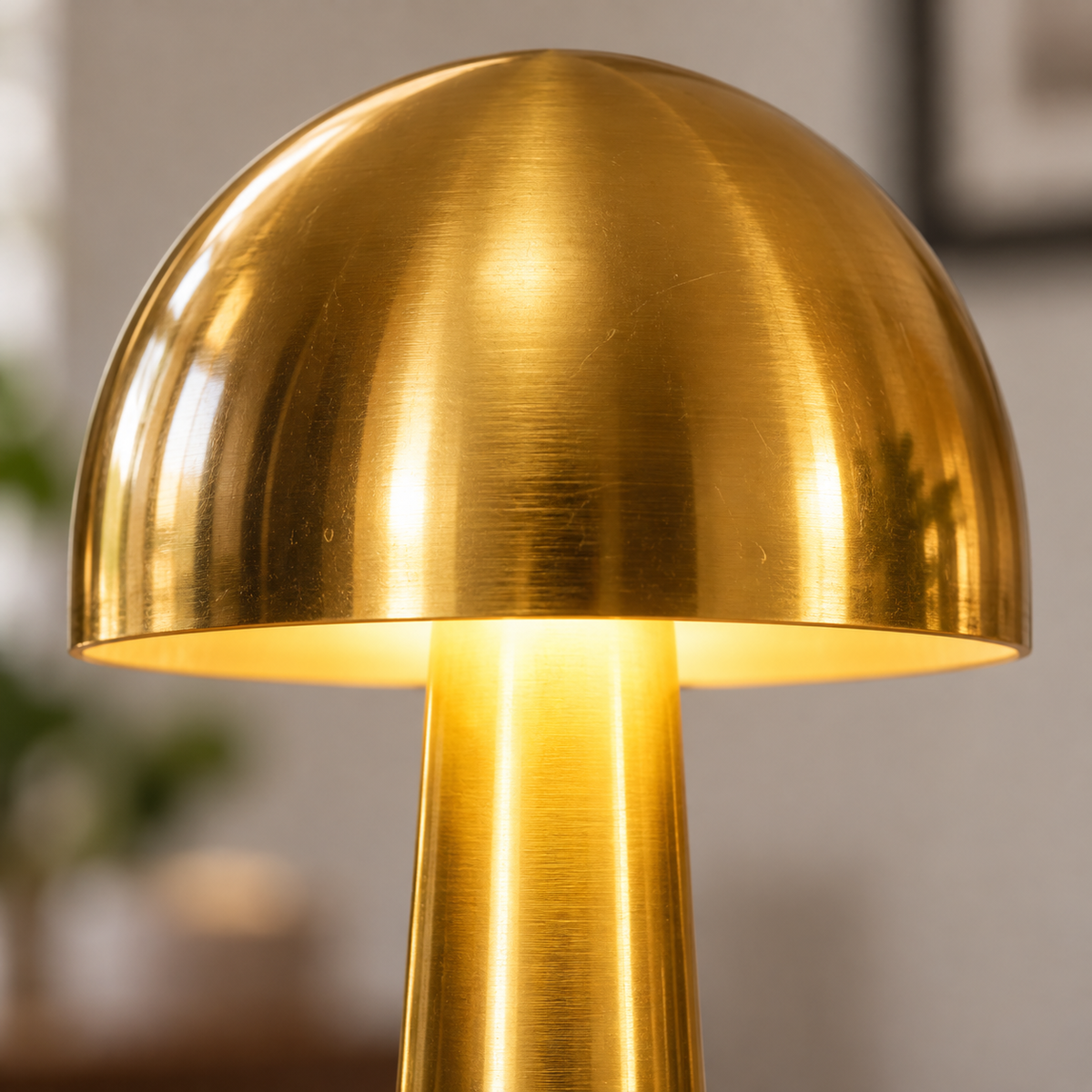 Close-up of the rounded gold shade, warm underside and tapered lamp body