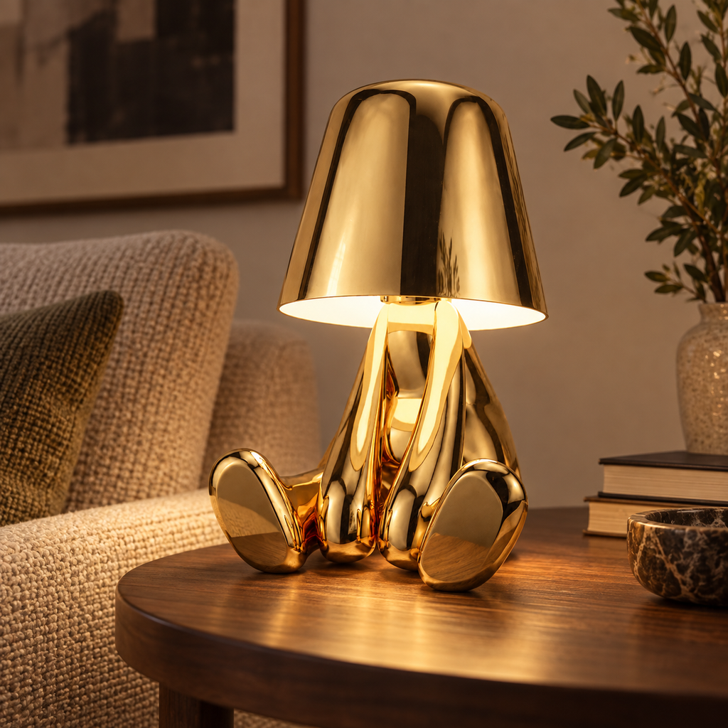 Gold seated figure cordless lamp on a bedroom side table at dusk