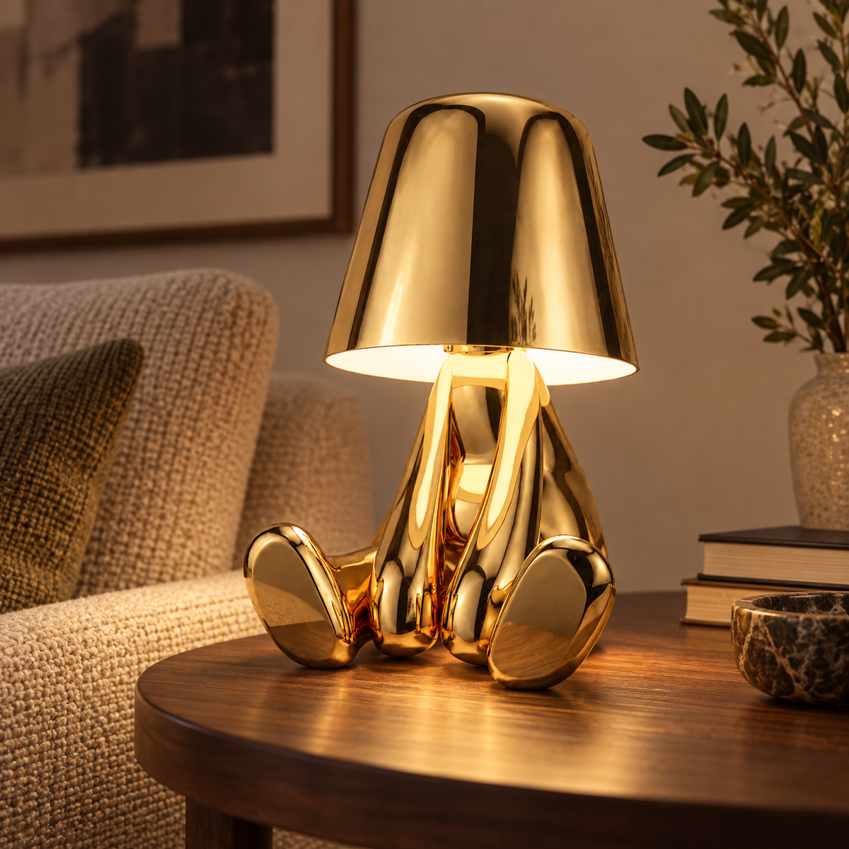 Gold seated figure cordless lamp on a bedroom side table at dusk