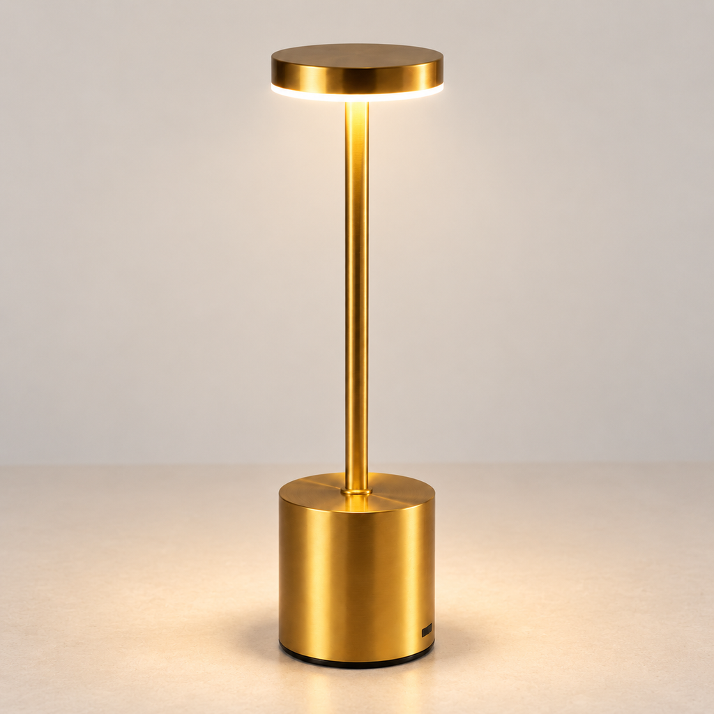 Gold rechargeable cordless touch table lamp switched on against a light interior wall