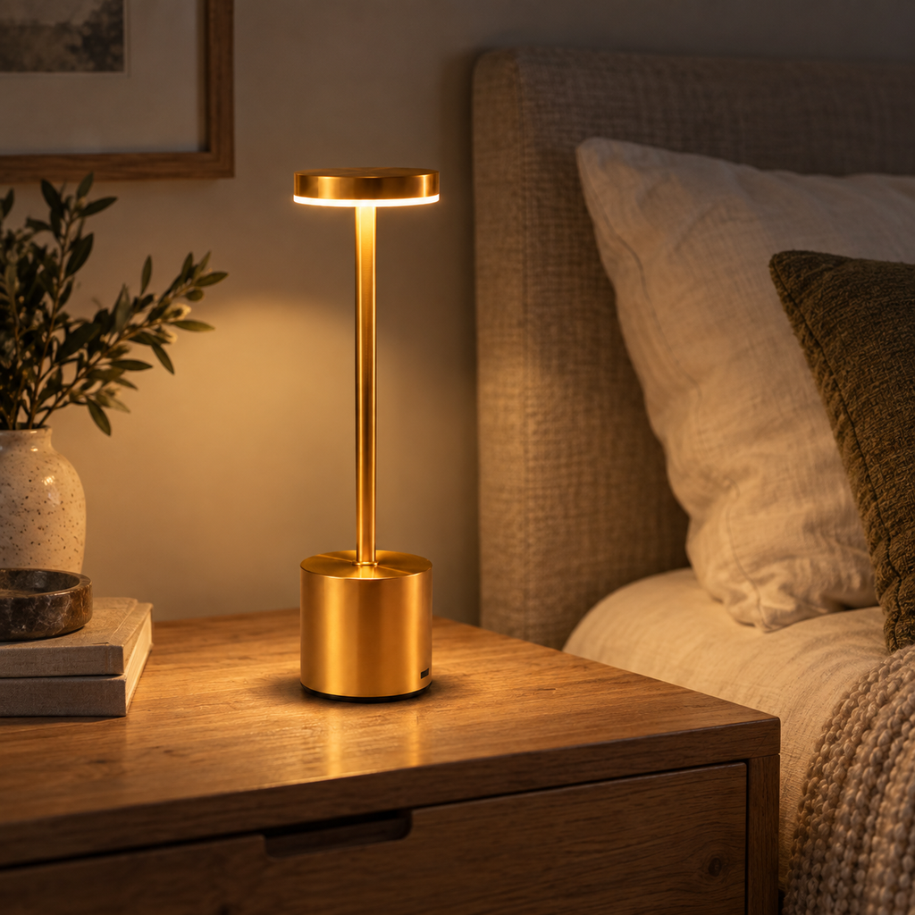 Gold cordless touch table lamp on an oak sideboard in a warm dining room