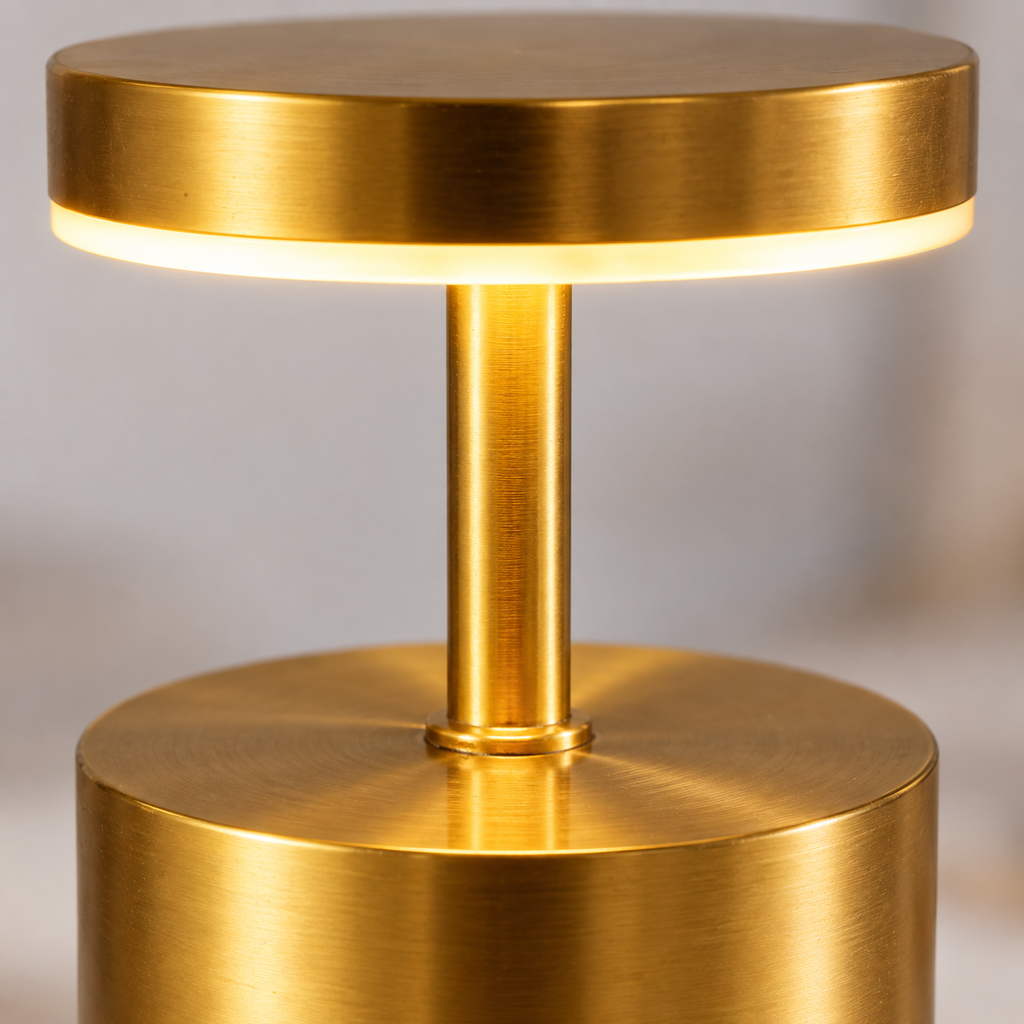 Close-up of the satin gold lamp head, illuminated ring and stem joint