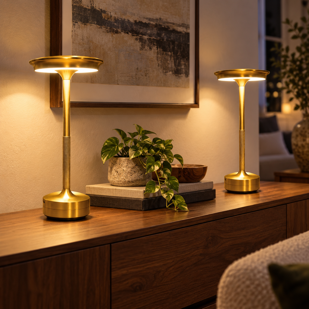 Set of two gold rechargeable lamps illuminating a dining room sideboard