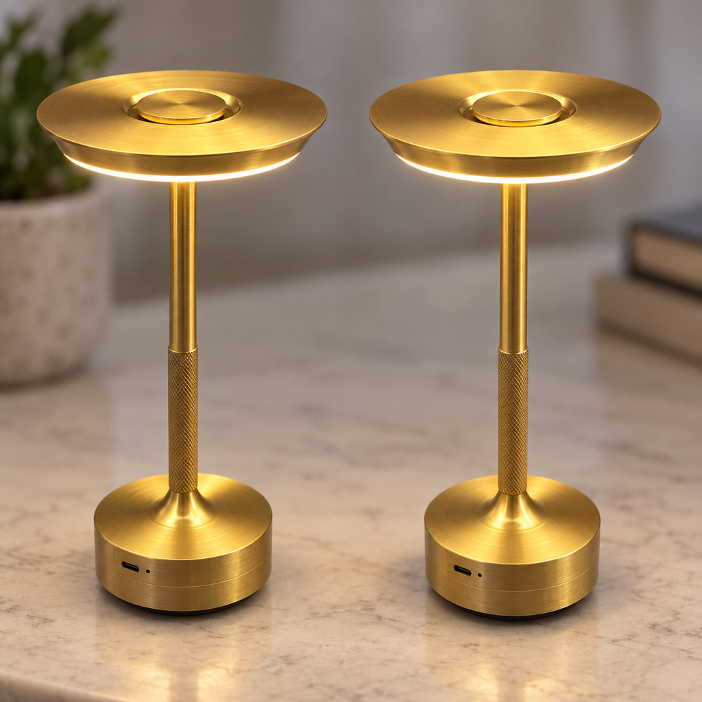 Close-up of two gold touch lamps showing knurled stems and circular light heads