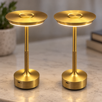 Close-up of two gold touch lamps showing knurled stems and circular light heads