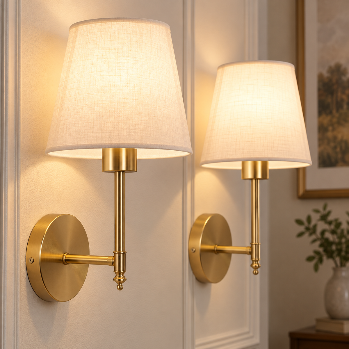 Close-up of two gold wall sconces showing fabric weave, arms and round plates