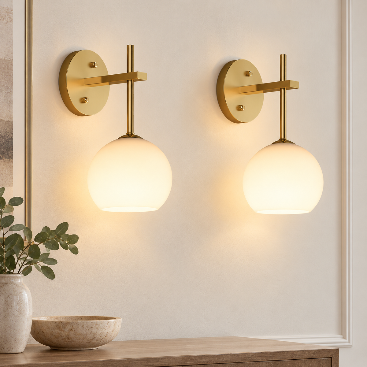 Set of two gold wall lights with frosted glass globes switched on